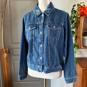 Denim&Co Blue Jean Jacket with Floral Embroidery Boho Girl Next Door Cotton Sz S